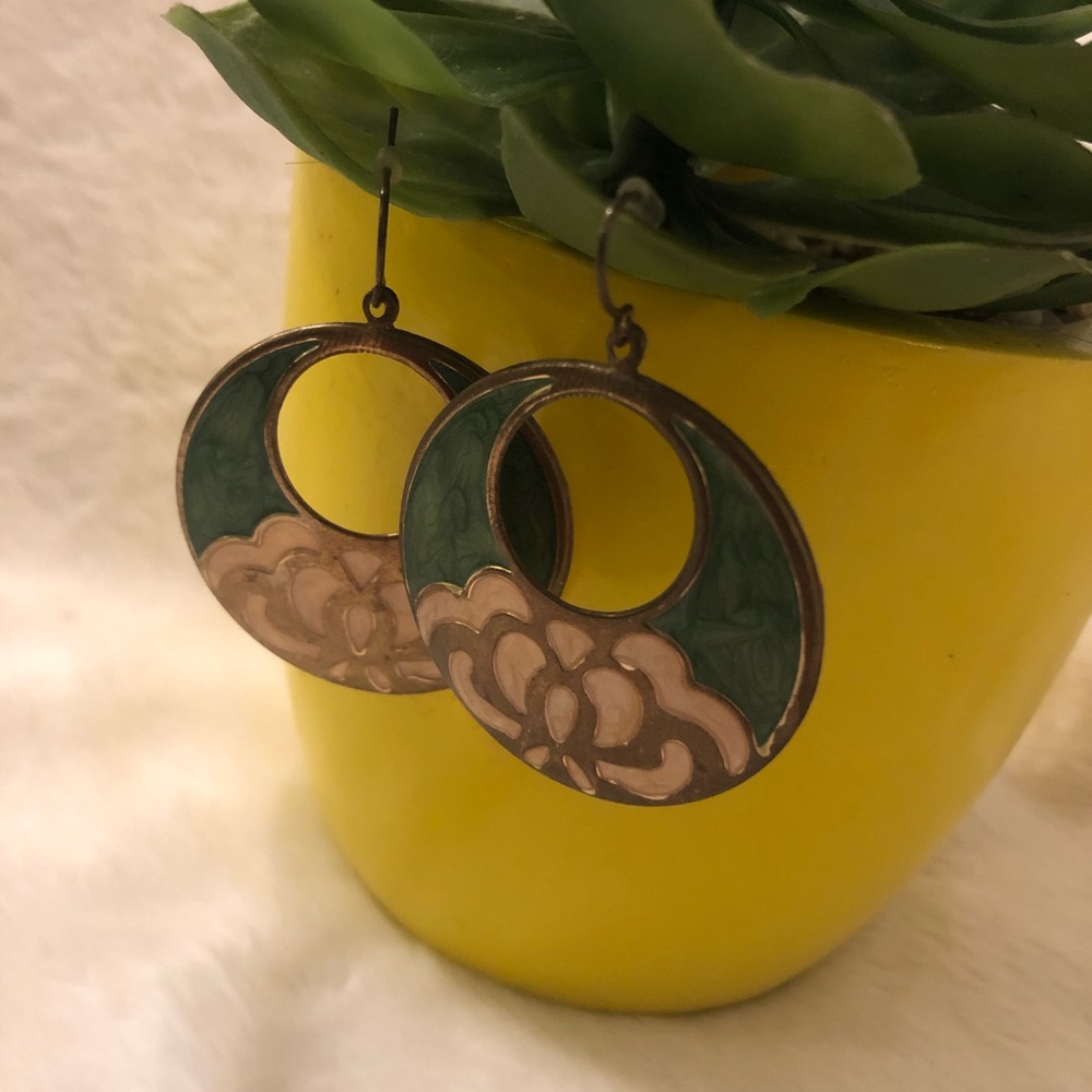 Lotus Pink and Green Enamel Earrings - Picture 2 of 5